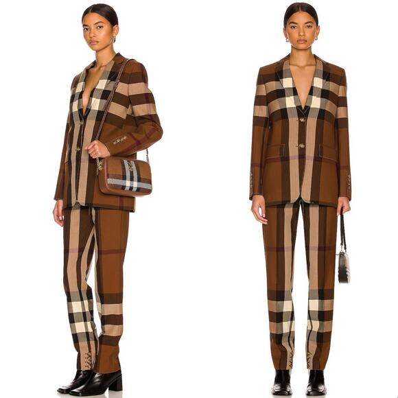 Burberry Pants - Burberry Aimie Tailored Check Print Button Hem Pant in Dark Birch Brown
